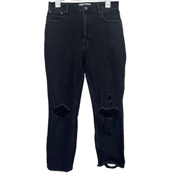 Abercrombie and Fitch Curve Love Black Distressed Ankle Straight High Rise Jeans - Picture 1 of 3